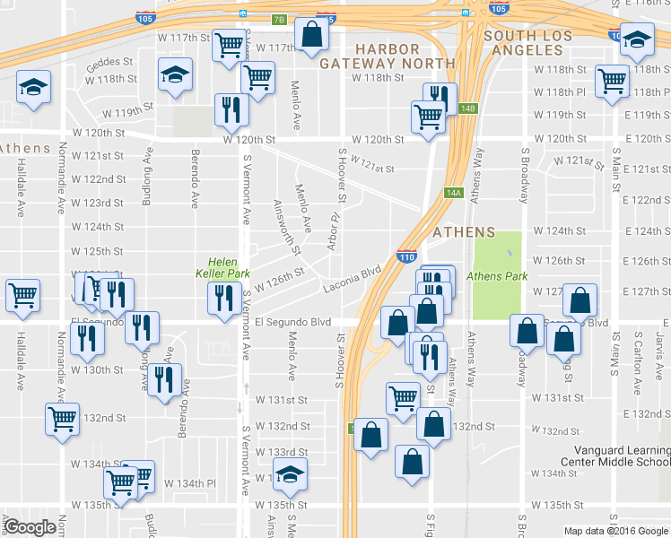 map of restaurants, bars, coffee shops, grocery stores, and more near 12621 South Hoover Street in Los Angeles