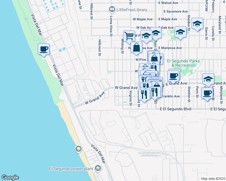 map of restaurants, bars, coffee shops, grocery stores, and more near 223 Loma Vista Street in El Segundo
