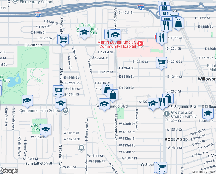 map of restaurants, bars, coffee shops, grocery stores, and more near 1523 East 126th Street in Compton