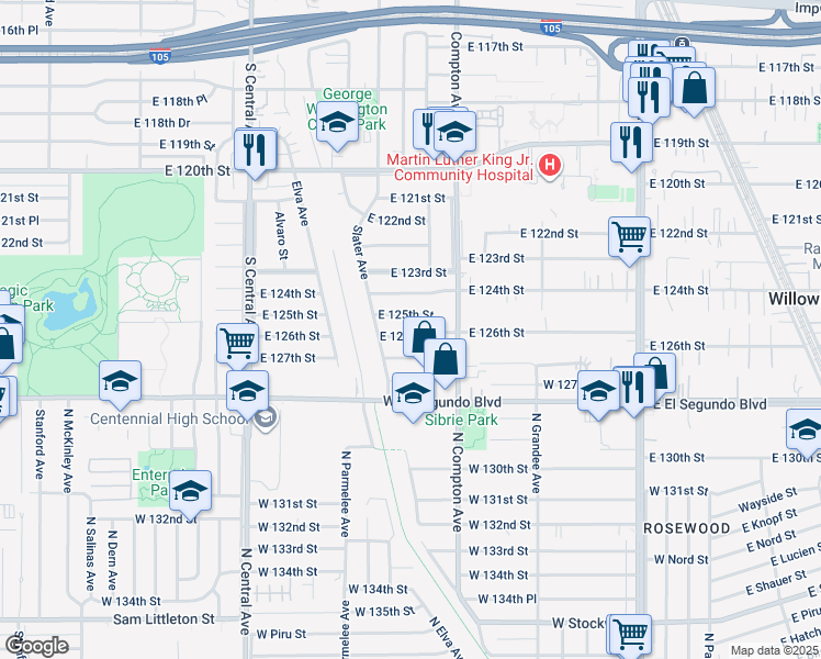 map of restaurants, bars, coffee shops, grocery stores, and more near 1509 East 127th Street in Compton