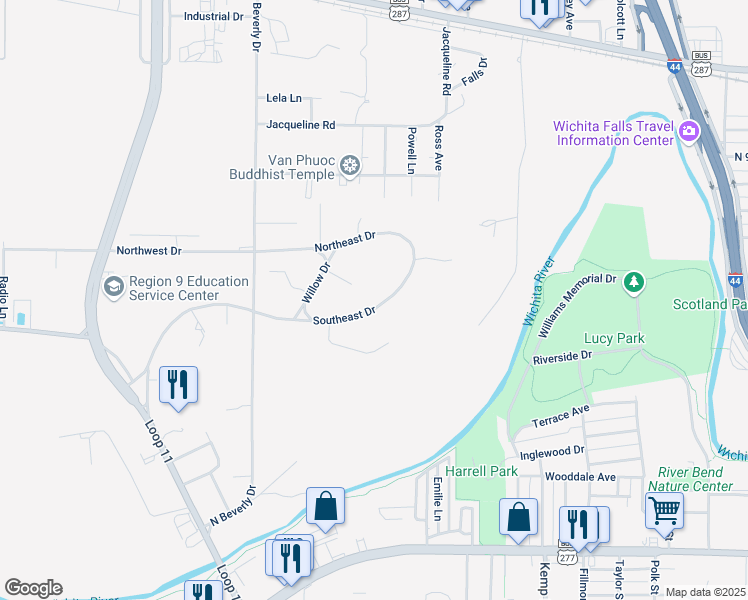 map of restaurants, bars, coffee shops, grocery stores, and more near 3112 Southeast Drive in Wichita Falls