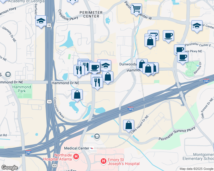 map of restaurants, bars, coffee shops, grocery stores, and more near 1155 Hammond Drive in Sandy Springs