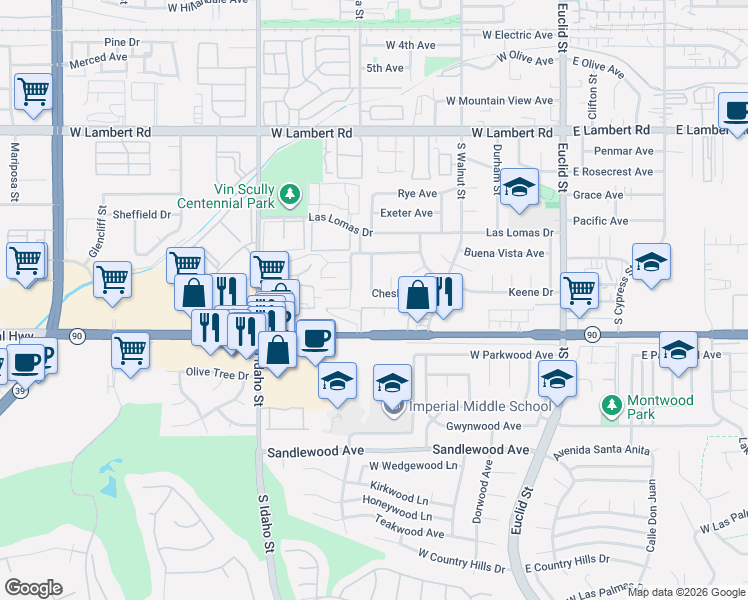 map of restaurants, bars, coffee shops, grocery stores, and more near 750 Chesham Avenue in La Habra