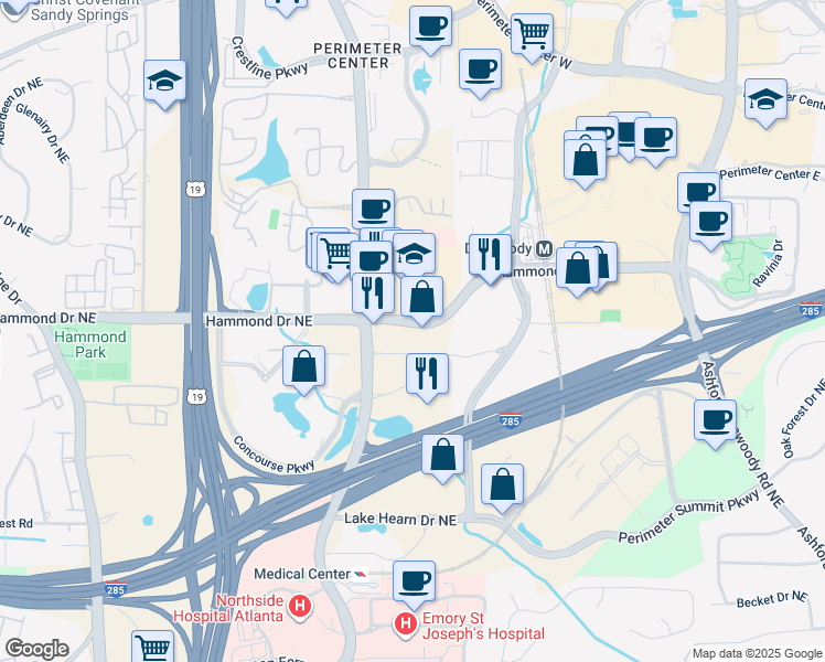 map of restaurants, bars, coffee shops, grocery stores, and more near 1125 Hammond Drive in Sandy Springs