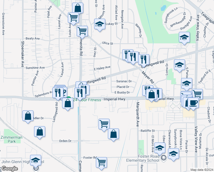 map of restaurants, bars, coffee shops, grocery stores, and more near 13549 Placid Drive in Whittier