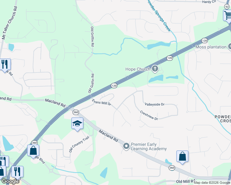map of restaurants, bars, coffee shops, grocery stores, and more near 446 Camry Circle in Dallas