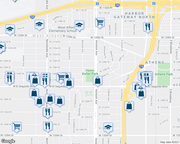 map of restaurants, bars, coffee shops, grocery stores, and more near 1045 West 126th Street in Los Angeles