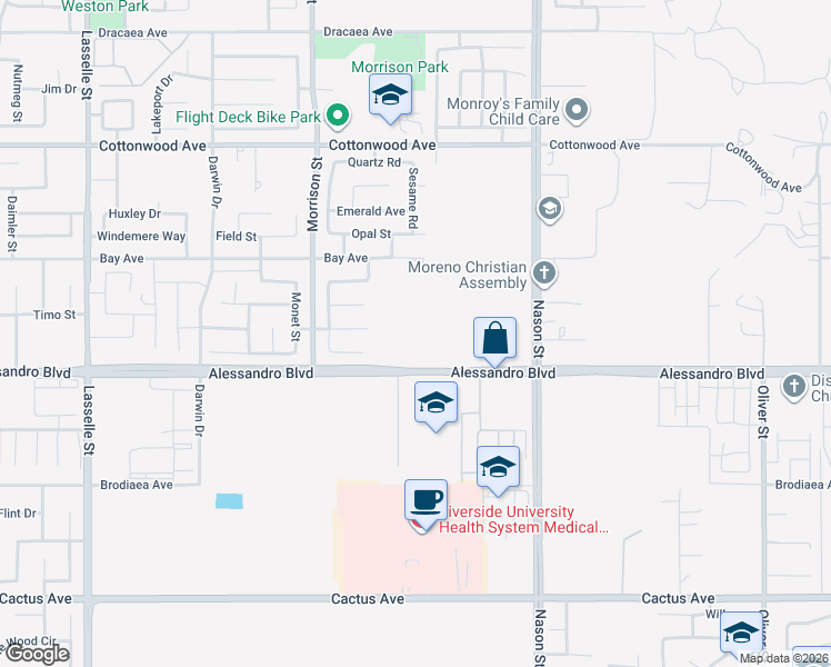 map of restaurants, bars, coffee shops, grocery stores, and more near in Moreno Valley