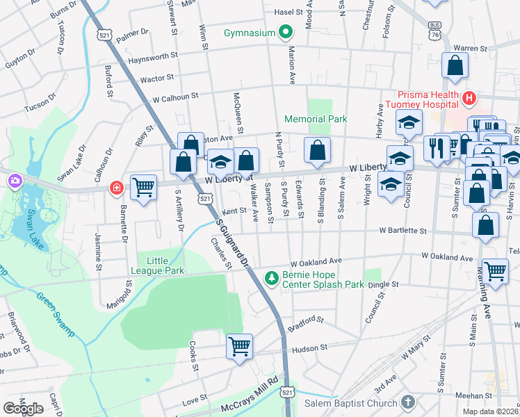 map of restaurants, bars, coffee shops, grocery stores, and more near 31 Sampson Street in Sumter