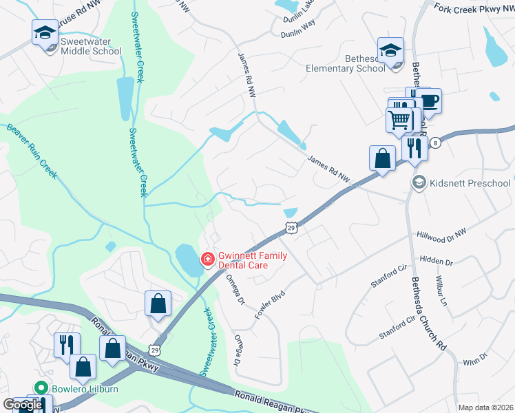 map of restaurants, bars, coffee shops, grocery stores, and more near 282 Brook Lea Cove in Lawrenceville