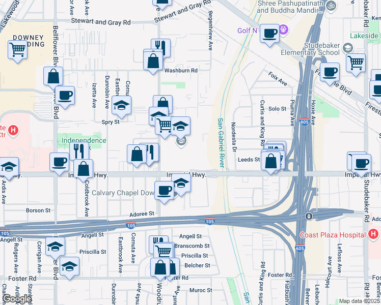 map of restaurants, bars, coffee shops, grocery stores, and more near 12332 Woodruff Avenue in Downey