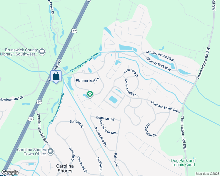 map of restaurants, bars, coffee shops, grocery stores, and more near 76 Calabash Lakes Boulevard in Calabash