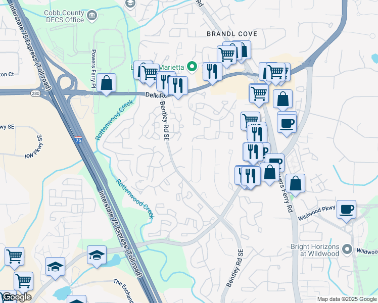 map of restaurants, bars, coffee shops, grocery stores, and more near 1470 Bentley Lane Southeast in Marietta