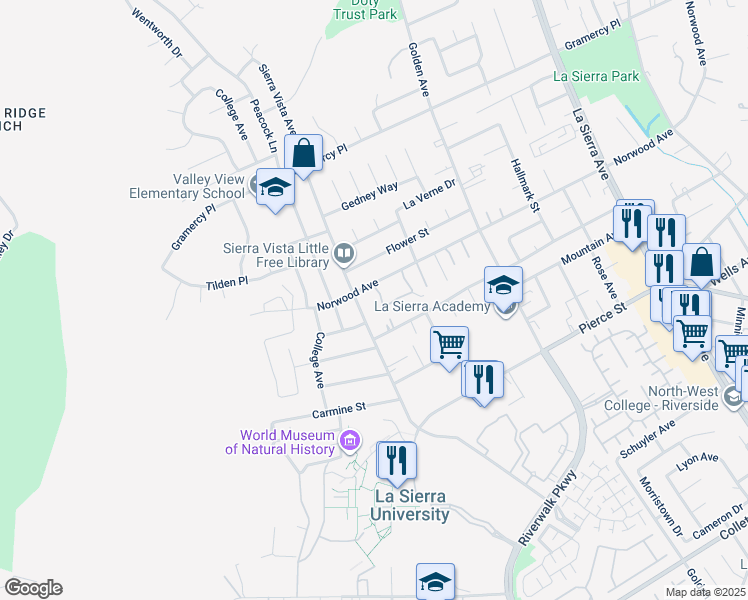 map of restaurants, bars, coffee shops, grocery stores, and more near 5082 Los Olivos Way in Riverside