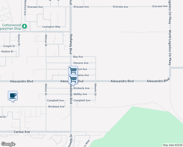 map of restaurants, bars, coffee shops, grocery stores, and more near 29220 Williams Avenue in Moreno Valley
