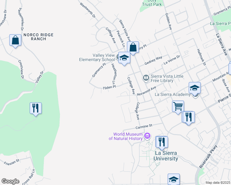 map of restaurants, bars, coffee shops, grocery stores, and more near 11833 Norwood Avenue in Riverside