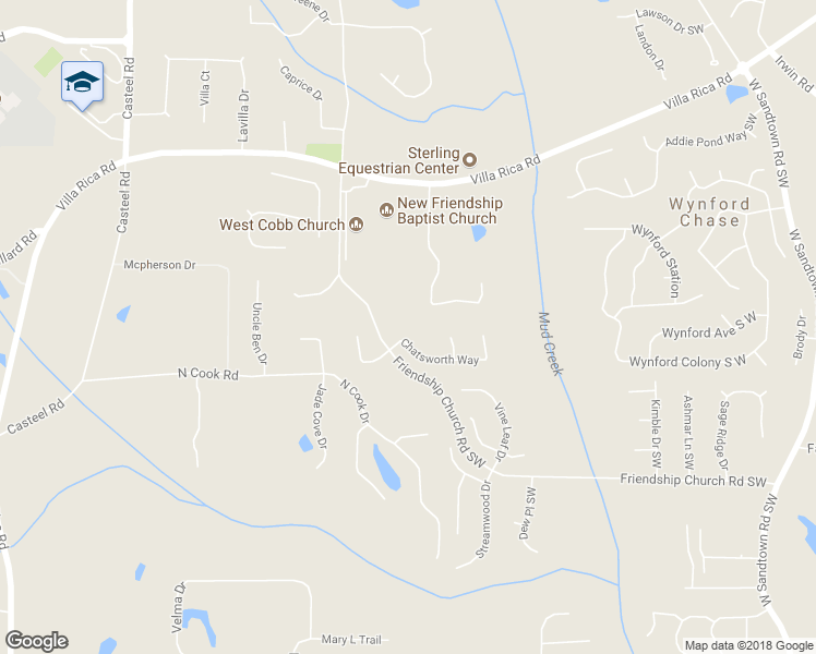 map of restaurants, bars, coffee shops, grocery stores, and more near 3394 Chatsworth Way in Powder Springs