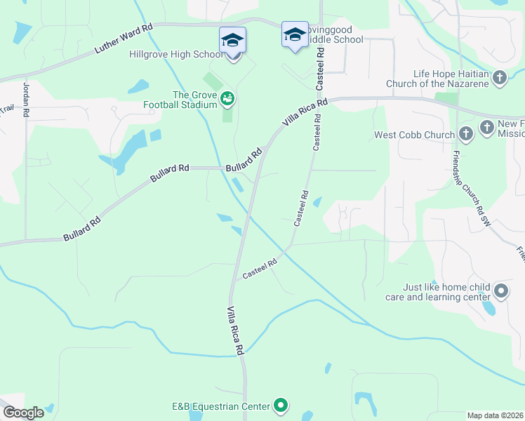 map of restaurants, bars, coffee shops, grocery stores, and more near 1445 Villa Rica Road in Powder Springs