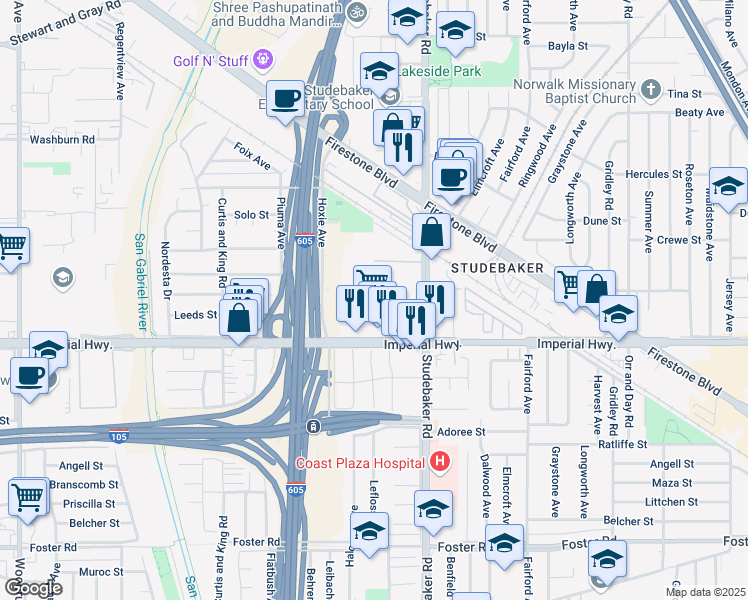 map of restaurants, bars, coffee shops, grocery stores, and more near 10901 Imperial Hwy in Norwalk