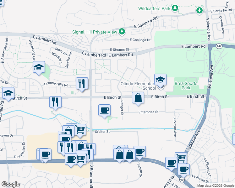 map of restaurants, bars, coffee shops, grocery stores, and more near 183 South Starflower Street in Brea