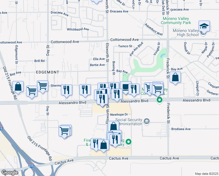 map of restaurants, bars, coffee shops, grocery stores, and more near 13902 Elsworth Street in Moreno Valley