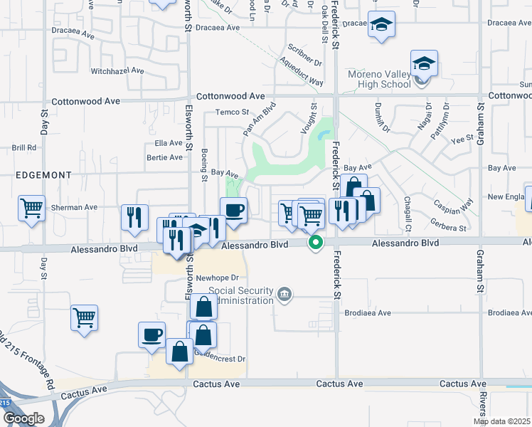 map of restaurants, bars, coffee shops, grocery stores, and more near 13961 Courage Street in Moreno Valley