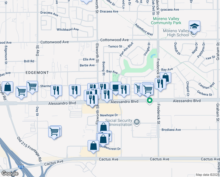 map of restaurants, bars, coffee shops, grocery stores, and more near 22561 Adrienne Avenue in Moreno Valley