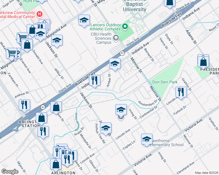map of restaurants, bars, coffee shops, grocery stores, and more near 8916 Haskell Street in Riverside