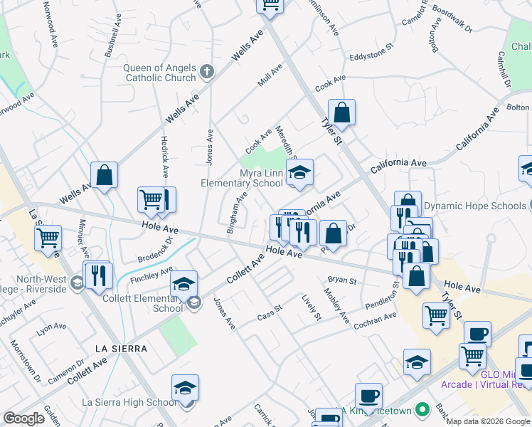 map of restaurants, bars, coffee shops, grocery stores, and more near 10583 Hole Avenue in Riverside