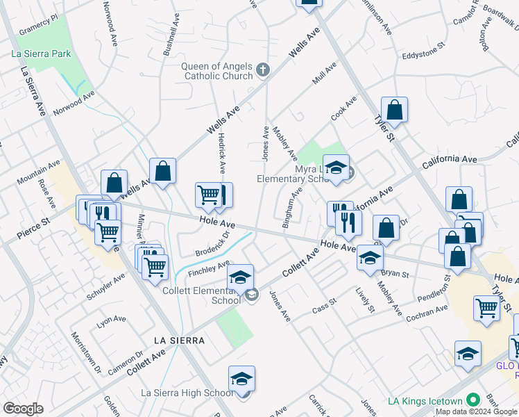 map of restaurants, bars, coffee shops, grocery stores, and more near 10737 Hole Avenue in Riverside