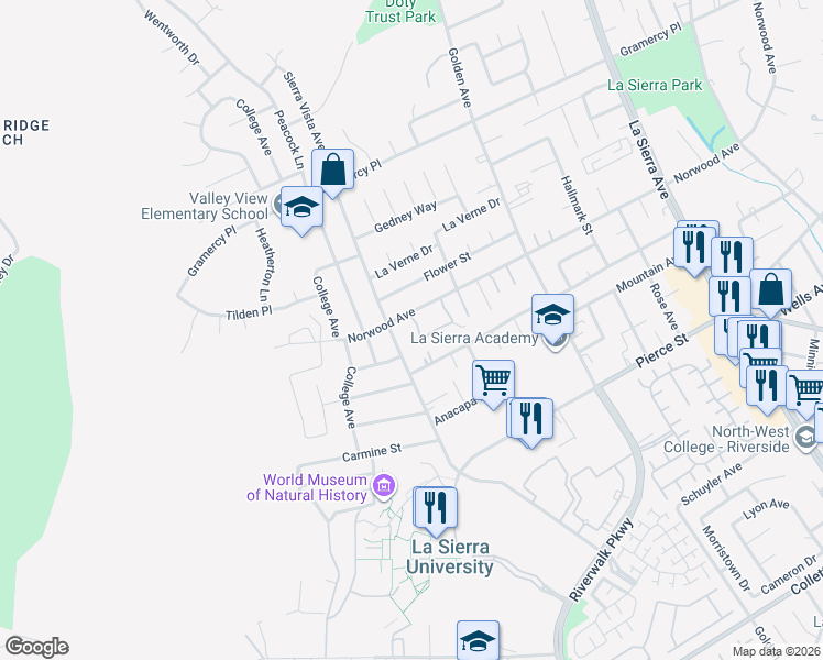 map of restaurants, bars, coffee shops, grocery stores, and more near 5061 Sierra Vista Avenue in Riverside