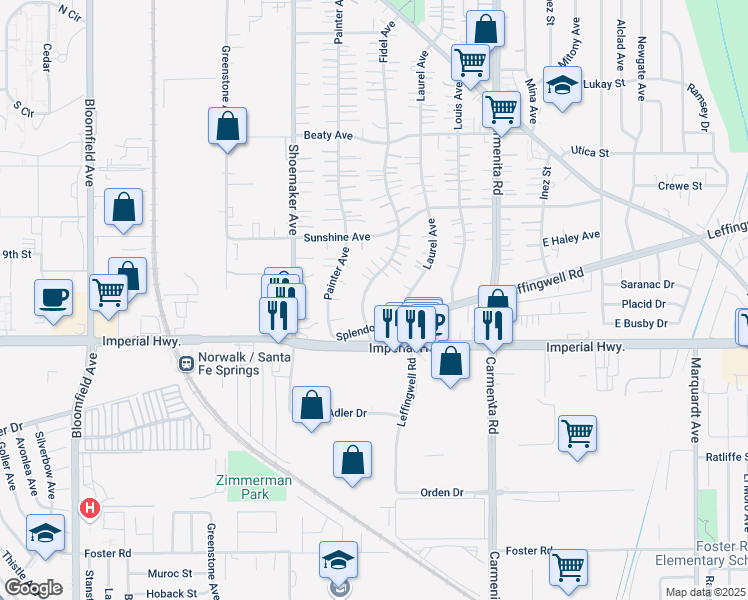 map of restaurants, bars, coffee shops, grocery stores, and more near 13163 Splendora Avenue in Whittier