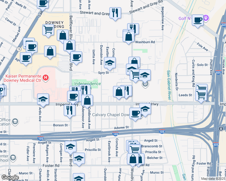 map of restaurants, bars, coffee shops, grocery stores, and more near 12429 Benedict Avenue in Downey