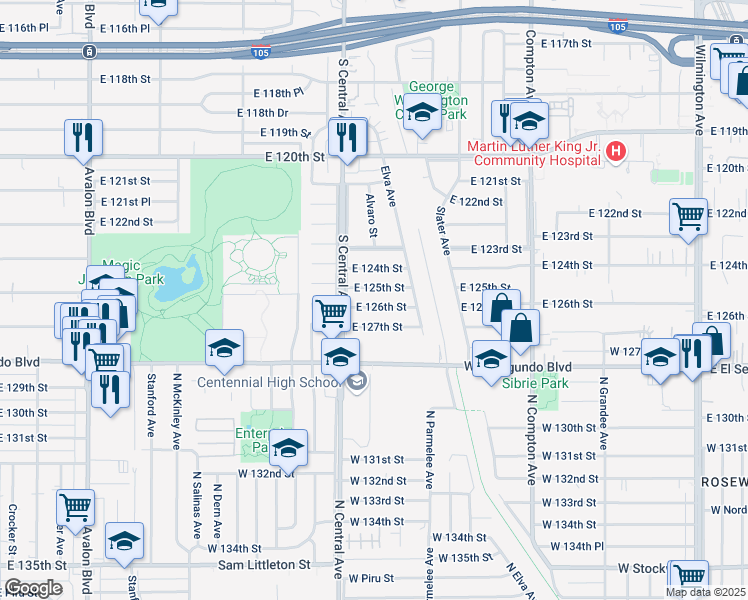 map of restaurants, bars, coffee shops, grocery stores, and more near 1248 East 126th Street in Los Angeles