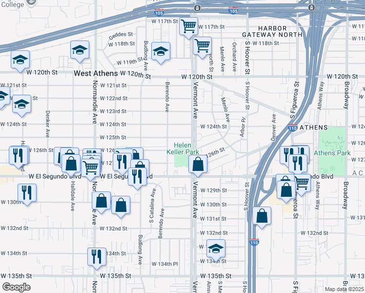map of restaurants, bars, coffee shops, grocery stores, and more near 1046 West 126th Street in Los Angeles