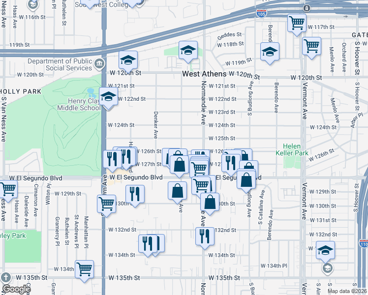 map of restaurants, bars, coffee shops, grocery stores, and more near 1448 West 126th Street in Los Angeles