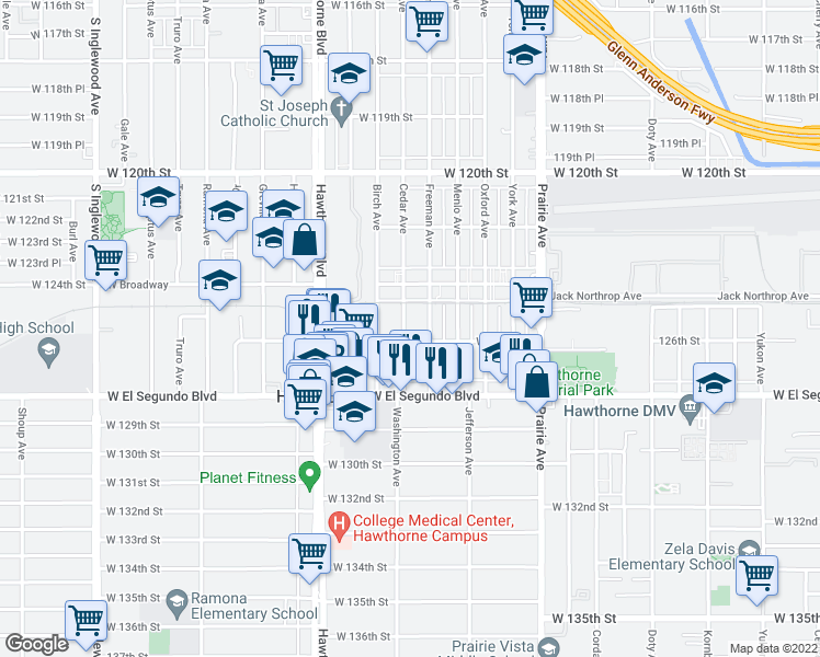 map of restaurants, bars, coffee shops, grocery stores, and more near 12603 Freeman Avenue in Hawthorne