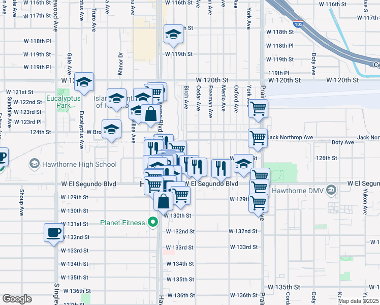 map of restaurants, bars, coffee shops, grocery stores, and more near 12602 Birch Avenue in Hawthorne