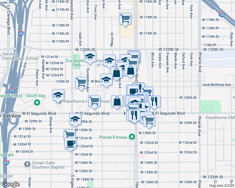 map of restaurants, bars, coffee shops, grocery stores, and more near 12521 Grevillea Avenue in Hawthorne