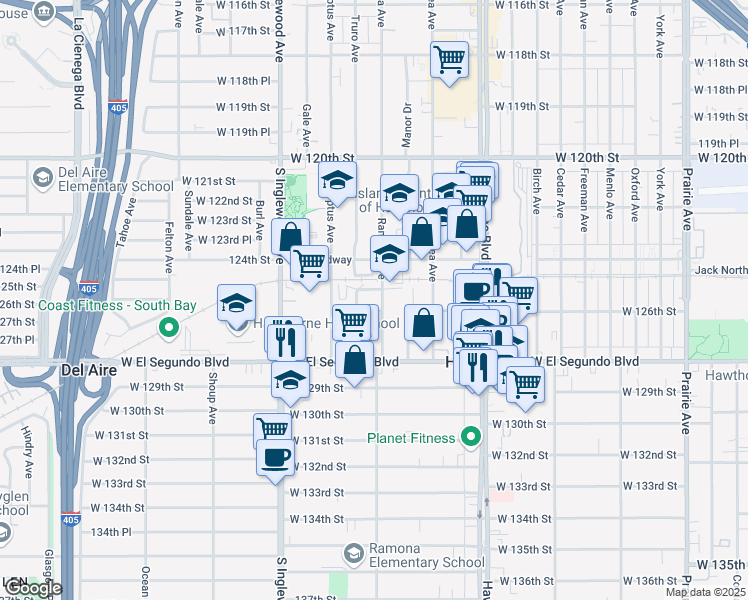 map of restaurants, bars, coffee shops, grocery stores, and more near 12619 Ramona Avenue in Hawthorne