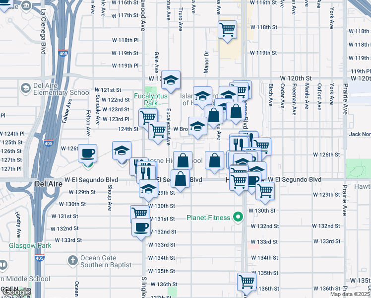 map of restaurants, bars, coffee shops, grocery stores, and more near 12619 Ramona Avenue in Hawthorne