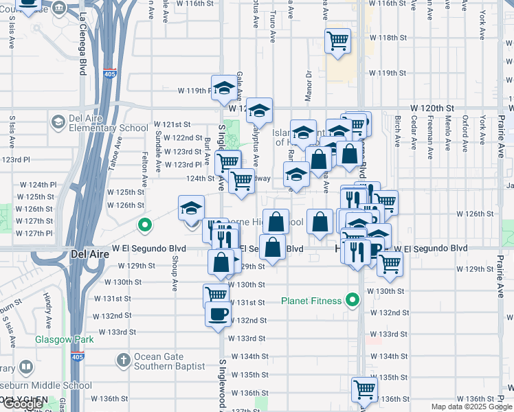 map of restaurants, bars, coffee shops, grocery stores, and more near 12615 Eucalyptus Avenue in Hawthorne