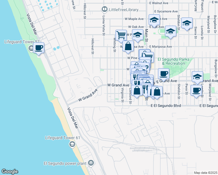 map of restaurants, bars, coffee shops, grocery stores, and more near 201 Loma Vista Street in El Segundo
