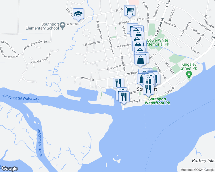 map of restaurants, bars, coffee shops, grocery stores, and more near 500-522 Brunswick St in Southport