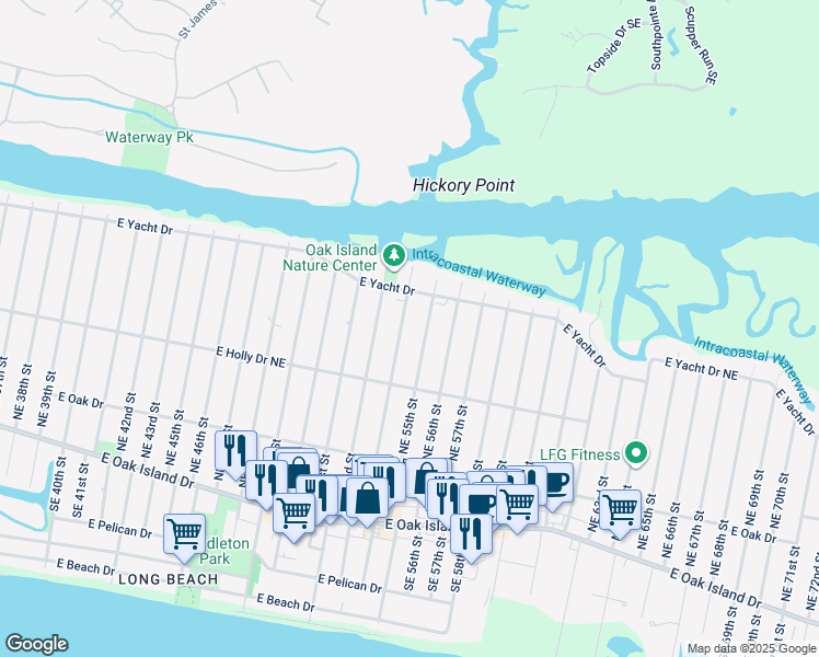 map of restaurants, bars, coffee shops, grocery stores, and more near 317 Northeast 55th Street in Oak Island