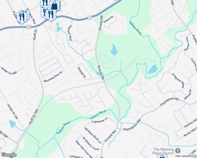 map of restaurants, bars, coffee shops, grocery stores, and more near 2550 Kentshire Way Southwest in Lawrenceville