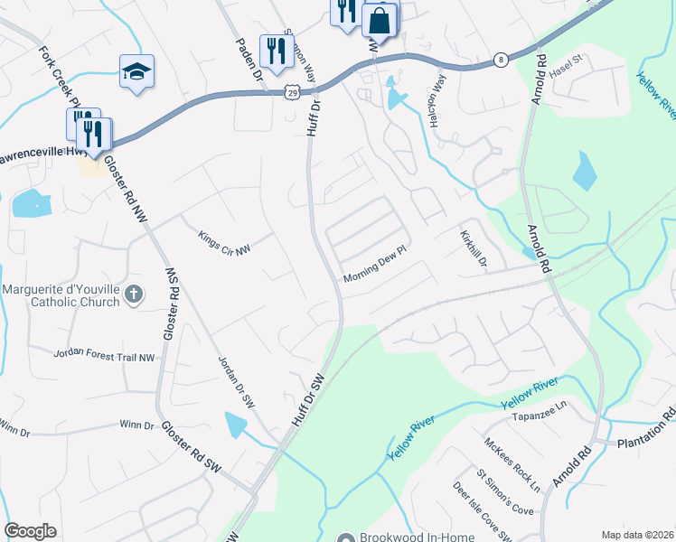 map of restaurants, bars, coffee shops, grocery stores, and more near 2492 Morning Dew Place in Lawrenceville