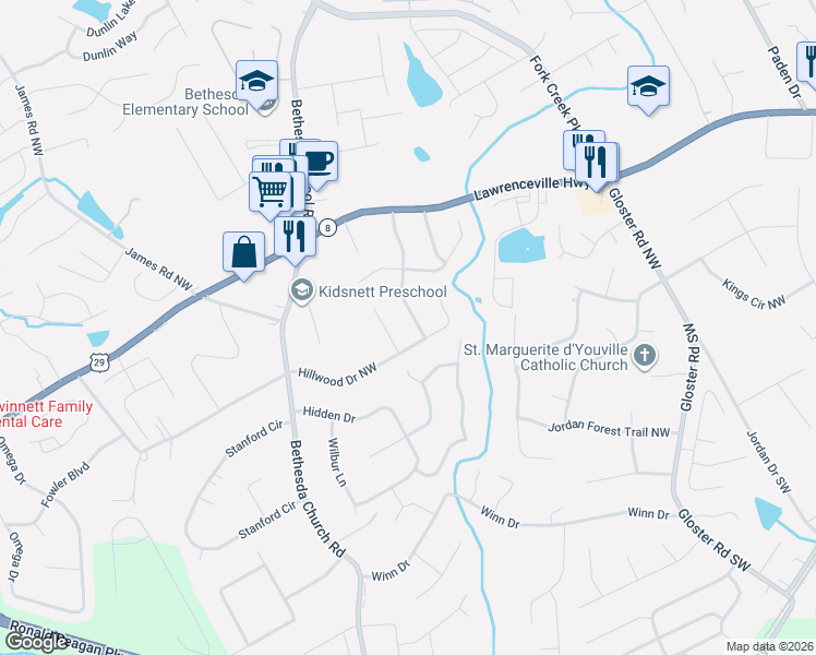 map of restaurants, bars, coffee shops, grocery stores, and more near 262 Hardwood Lane Northwest in Lawrenceville