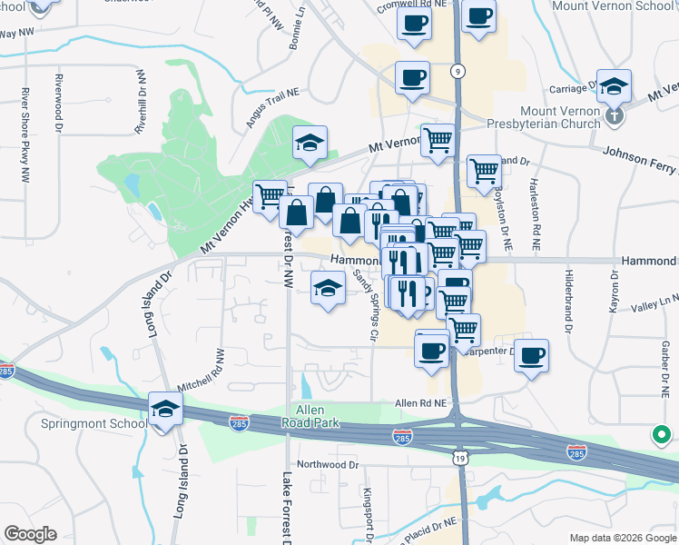 map of restaurants, bars, coffee shops, grocery stores, and more near 5956 Reddington Way Northeast in Atlanta