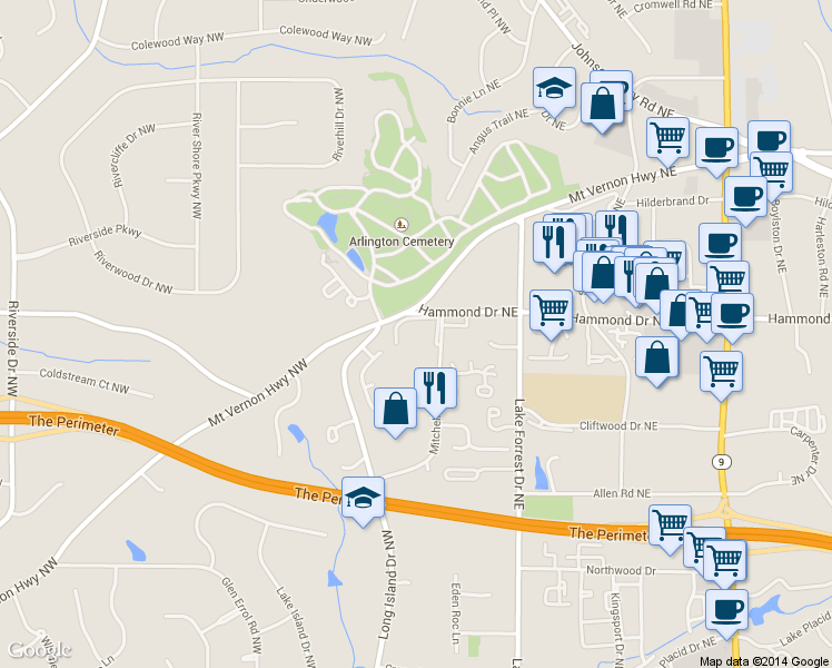 map of restaurants, bars, coffee shops, grocery stores, and more near 229 Belle Lane in Sandy Springs